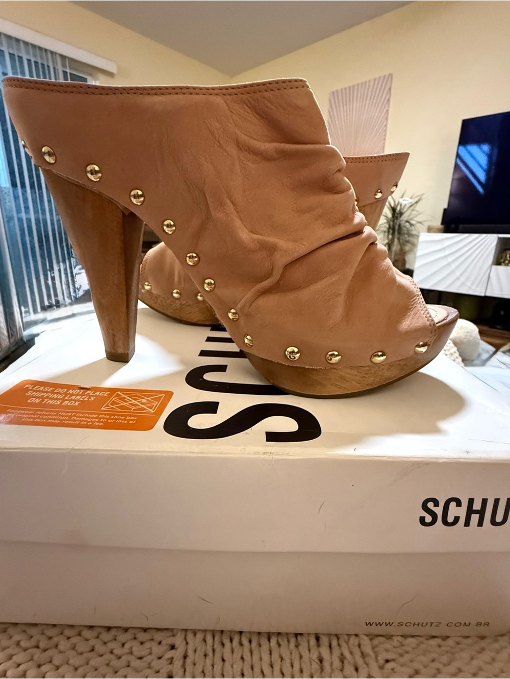 SCHUTZ Tan Ruched Leather Studded High Heel Mules
